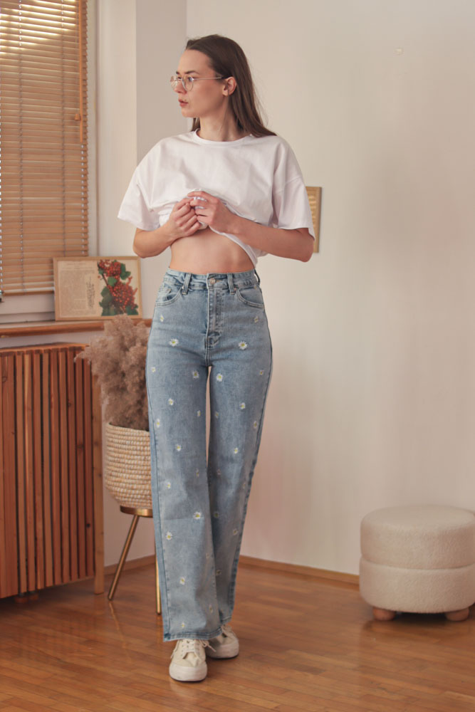 Bellis WIDE LEG (wysoki stan) - jeansy w stokrotki z prostymi nogawkami-2