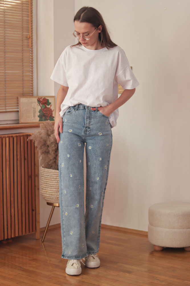 Bellis WIDE LEG (wysoki stan) - jeansy w stokrotki z prostymi nogawkami-4