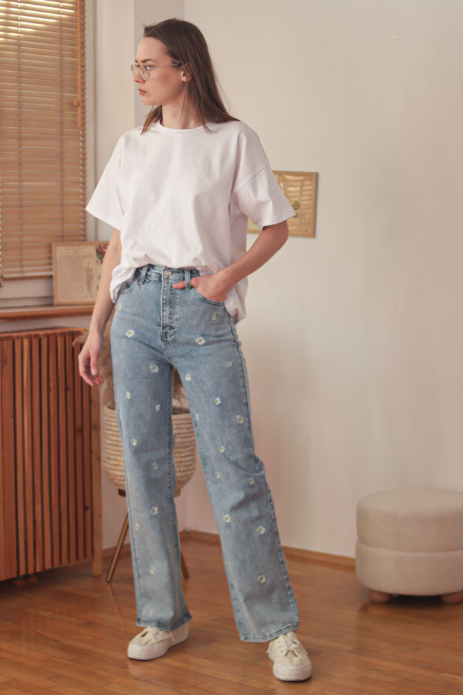 Bellis WIDE LEG (wysoki stan) - jeansy w stokrotki z prostymi nogawkami-5