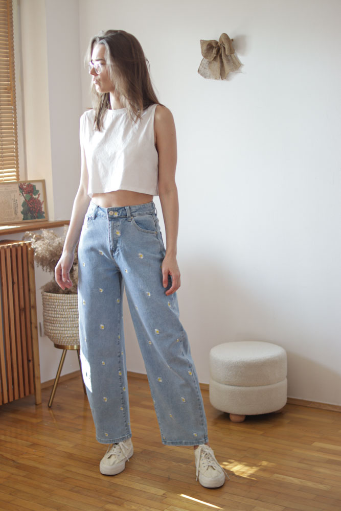 Bellis BALLOON - jeansy o kroju ballon w haftowane stokrotki-1