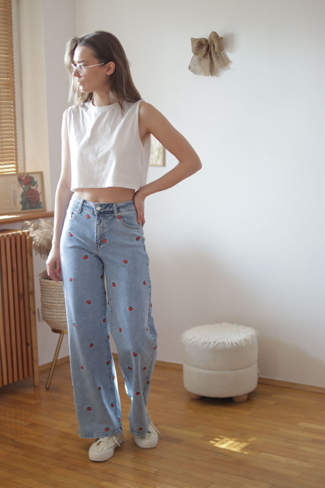 Sorbus WIDE LEG - jeansy w haftowane truskawki-3